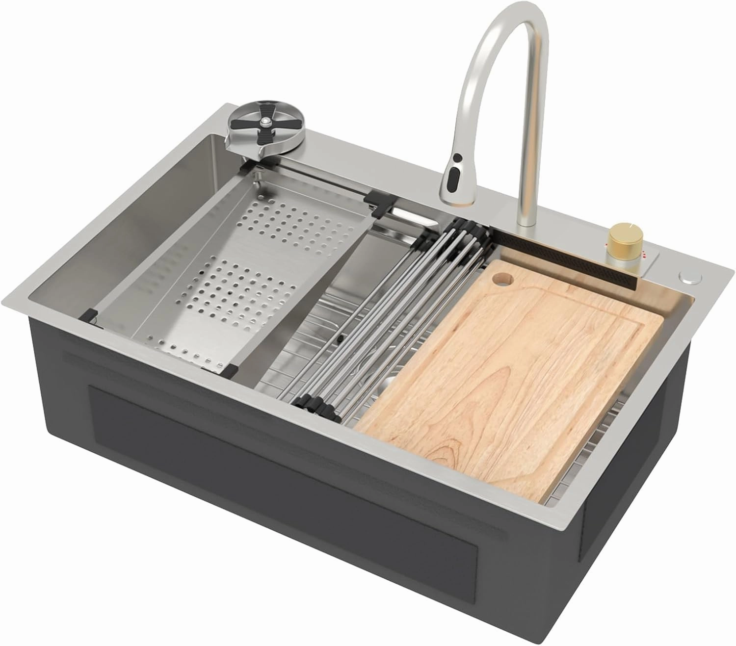 Waterfall Kitchen Sink - Multifunctional Workstation 33x22 Drop In Kitchen Sink 304 Stainless Steel Single Bowl Large All-In-One Smart Sinks with Faucet Combo #TLWF-0002