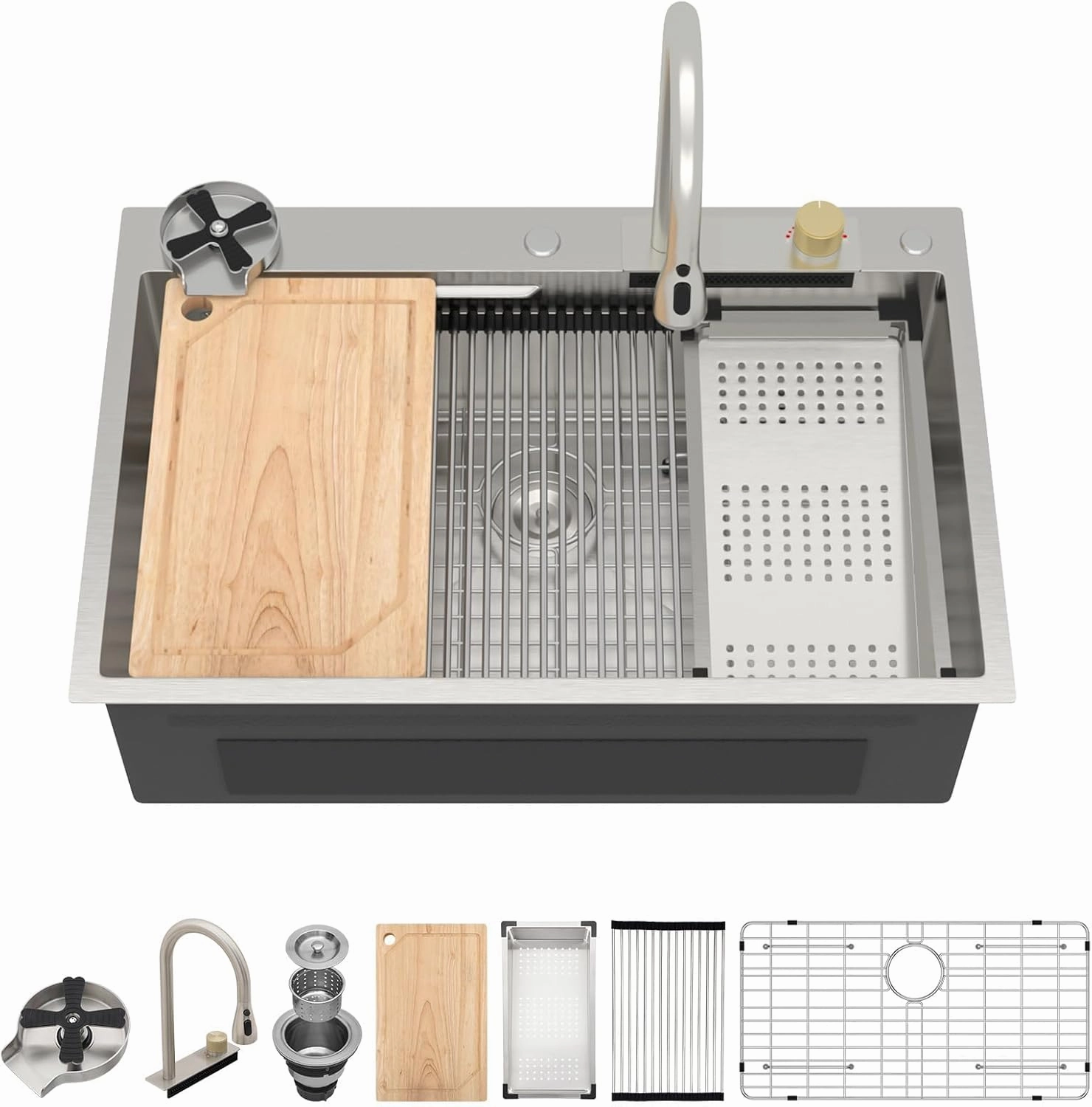 Waterfall Kitchen Sink - Multifunctional Workstation 33x22 Drop In Kitchen Sink 304 Stainless Steel Single Bowl Large All-In-One Smart Sinks with Faucet Combo #TLWF-0002