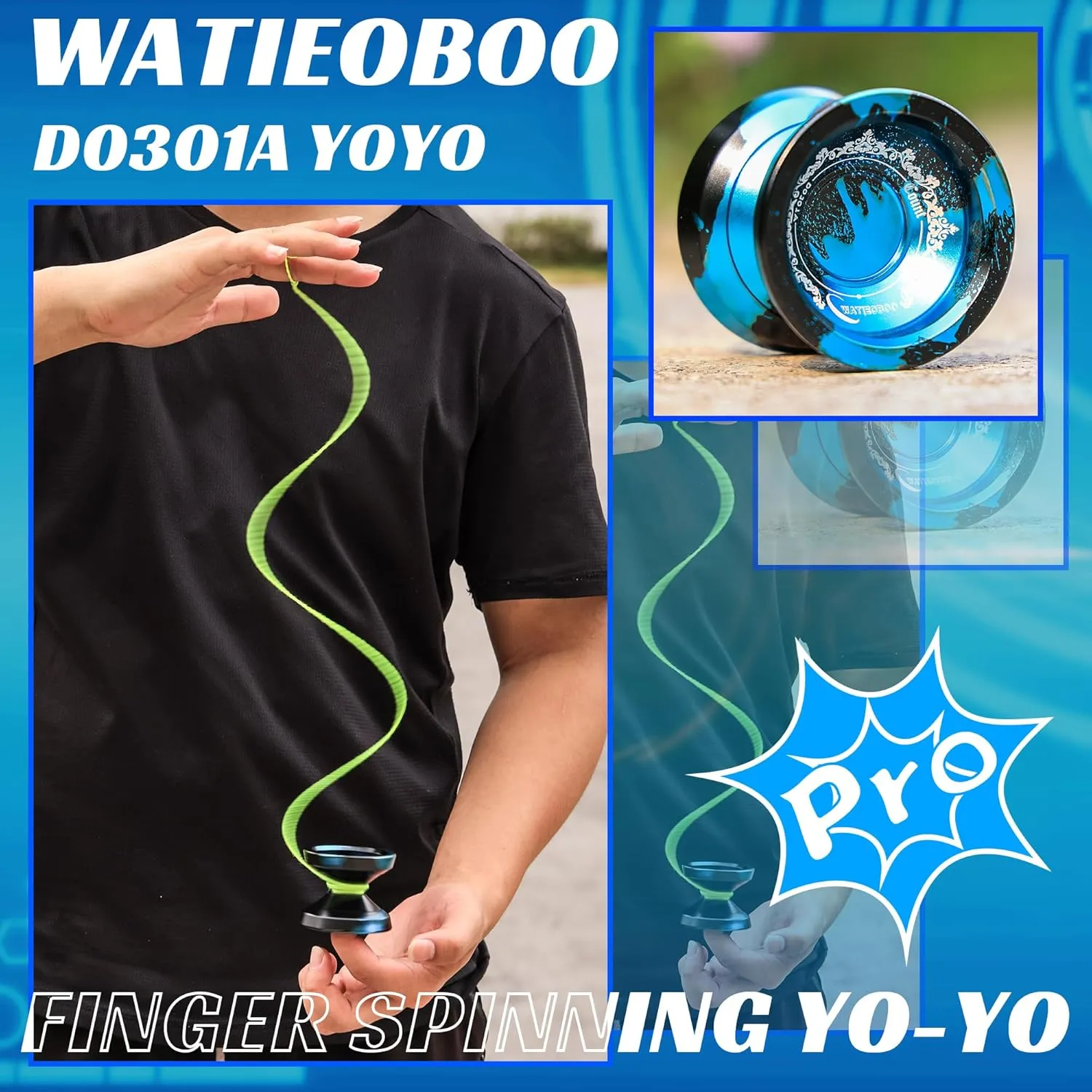 WATIEOBOO Responsive & Unresponsive Yoyo Set - Kids 8-12, Adults Pro Metal Trick Yoyo with Bearing Kit, 10 Strings, Case & Gloves (Blue)