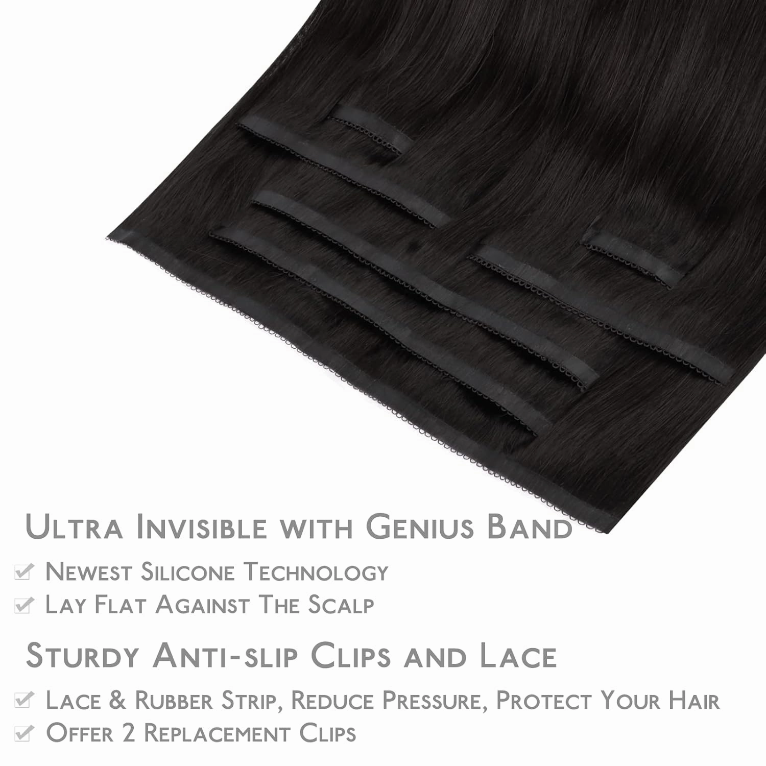 WENNALIFE Genius Seamless Clip-in Hair Extensions - 7pcs Ultra Invisible, 50% Thinner, Natural Black Real Human Hair