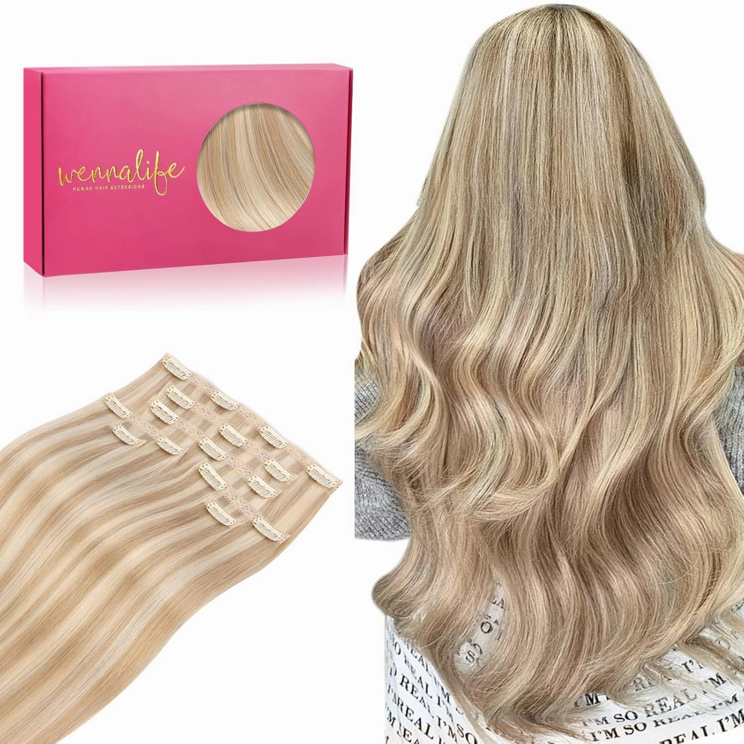 WENNALIFE Genius Seamless Clip in Hair Extensions Human Hair 7pcs Ultra Invisible 50% Thinner Seamless Hair Extensions Clip In Dirty Blonde Highlighted Bleach Blonde Real Human Hair