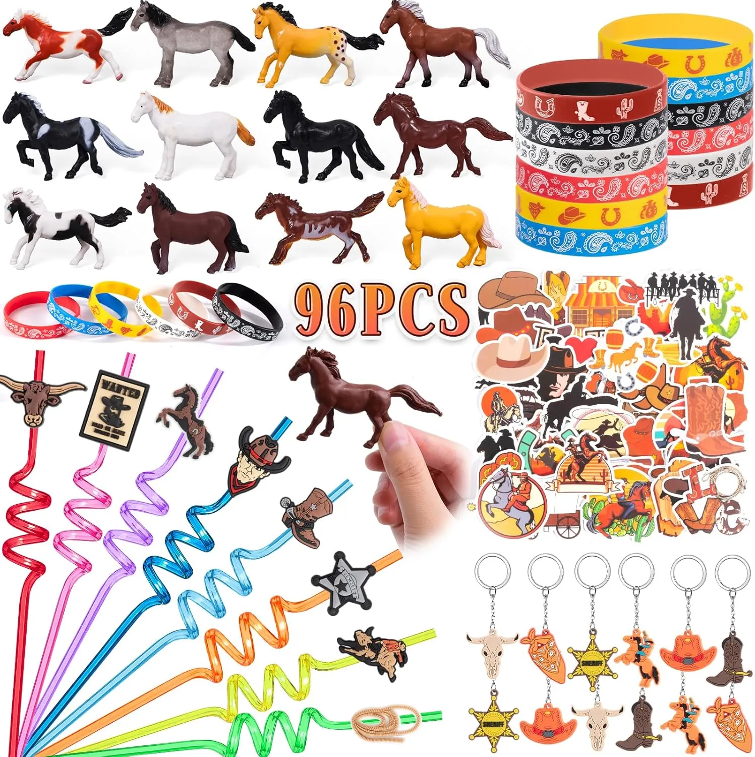 Western Cowboy Party Favors Rodeo Birthday Supplies for Kids Miniature Horse Toys Straw Silicone Bracelet Keychain Sticker Filler Goodie Bag Stuffers, Cowboy Western Party Favors Supplies
