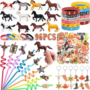 Western Cowboy Party Favors Rodeo Birthday Supplies for Kids Miniature Horse Toys Straw Silicone Bracelet Keychain Sticker Filler Goodie Bag Stuffers, Cowboy Western Party Favors Supplies