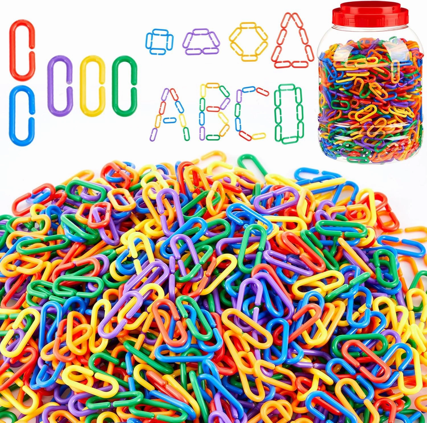 Wettarn Bucket of 1000 Pcs Rainbow C Clip Hooks Chain Links Plastic Kids Counting Toys Bulk Math Manipulatives Counters for Toddler Parrot Preschool Learning Supplies DIY Education Fine Motor Skill