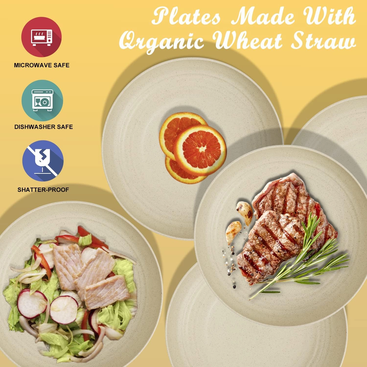 Wheat Straw Plates - 9 Inch Unbreakable Dinner Plates Set of 8 - Dishwasher & Microwave Safe Plastic Plates Reusable - Lightweight Plates for kitchen,R.V. (Beige)