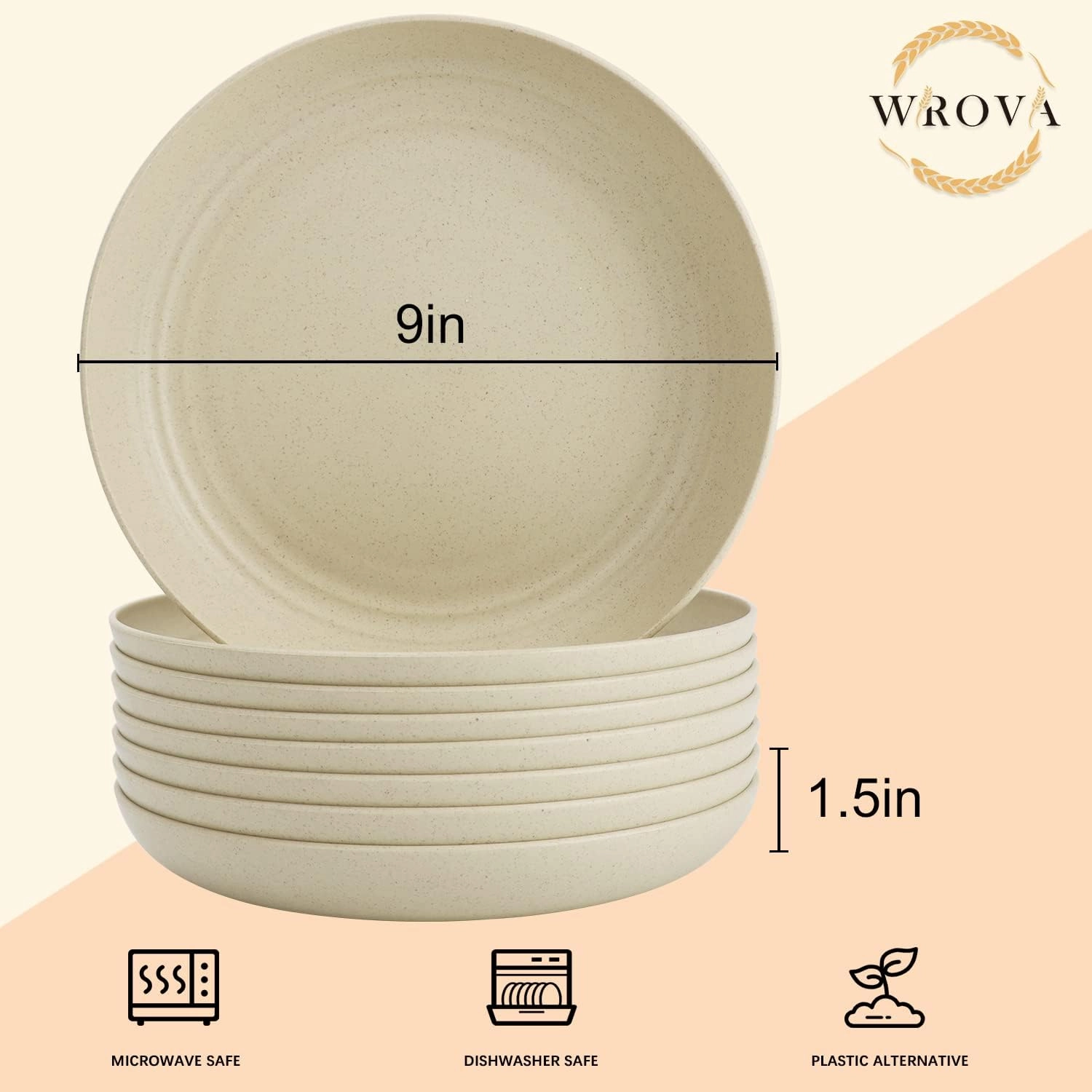 Wheat Straw Plates - 9 Inch Unbreakable Dinner Plates Set of 8 - Dishwasher & Microwave Safe Plastic Plates Reusable - Lightweight Plates for kitchen,R.V. (Beige)