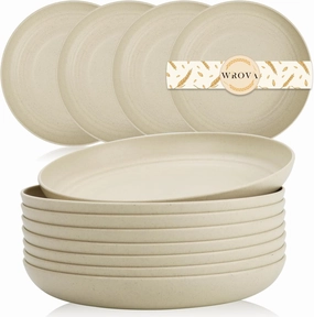 Wheat Straw Plates - 9 Inch Unbreakable Dinner Plates Set of 8 - Dishwasher & Microwave Safe Plastic Plates Reusable - Lightweight Plates for kitchen,R.V. (Beige)