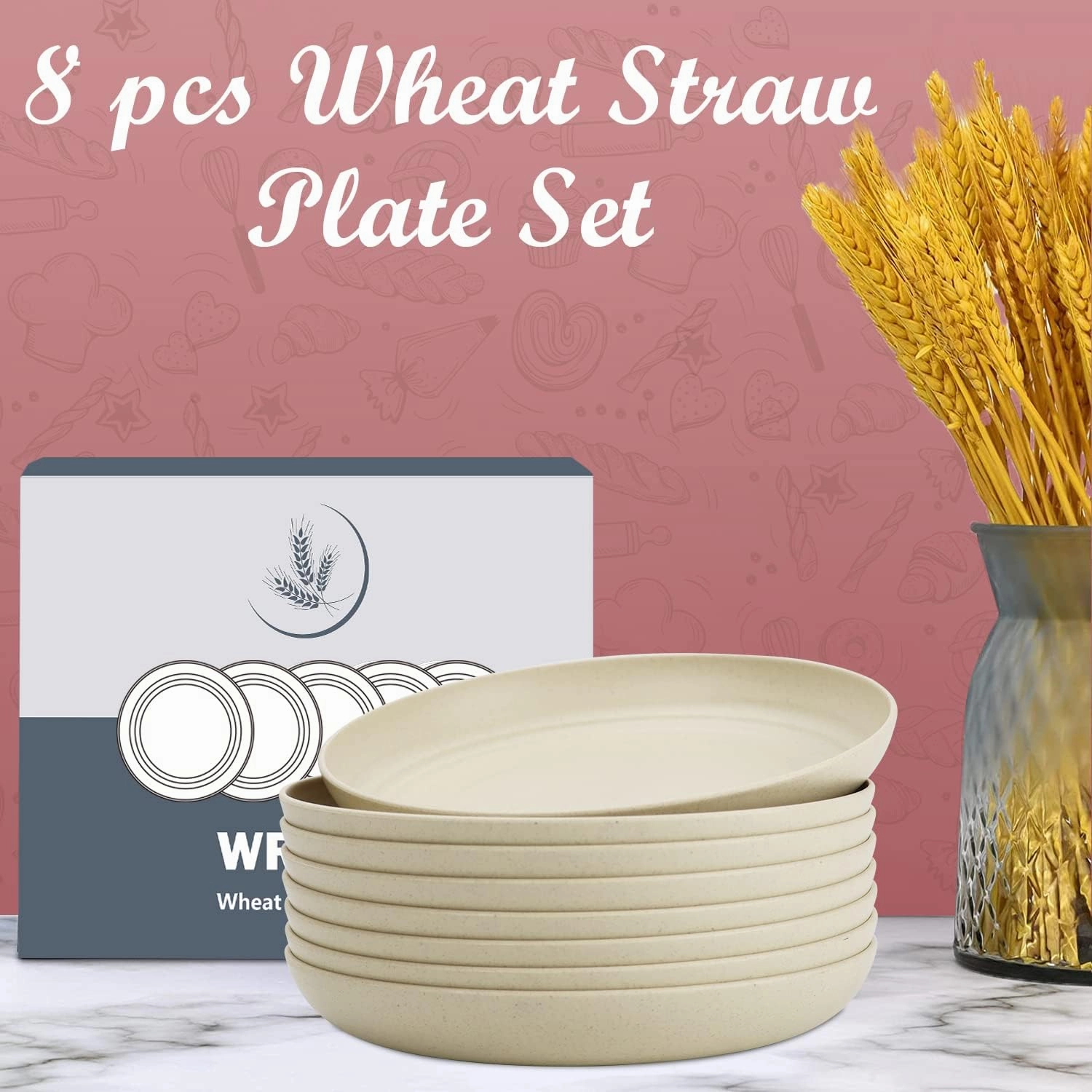 Wheat Straw Plates - 9 Inch Unbreakable Dinner Plates Set of 8 - Dishwasher & Microwave Safe Plastic Plates Reusable - Lightweight Plates for kitchen,R.V. (Beige)