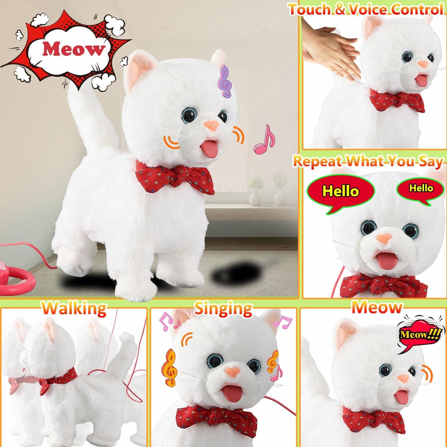 White Leash Walking Cat Set Interactive Talking Cat Singing Dancing Kitten Mimicking Repeat What You Say Kitty Touch and Voice Control Nodding Wagging Tail Plush Electric Kitty for Kid Gril
