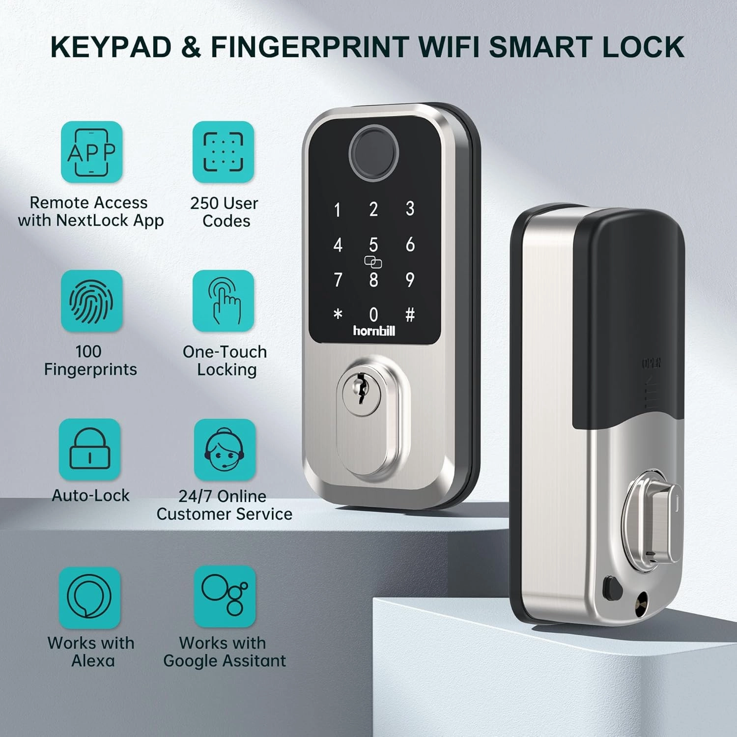 Wi-Fi Smart Deadbolt Keyless Entry: 9-in-1 Hornbill Smart Lock for Front Door, Smart Deadbolt Lock, Electronic Keypad Code Fingerprint Unlock, Works with Alexa for Home Office Hotel, Satin Nickel