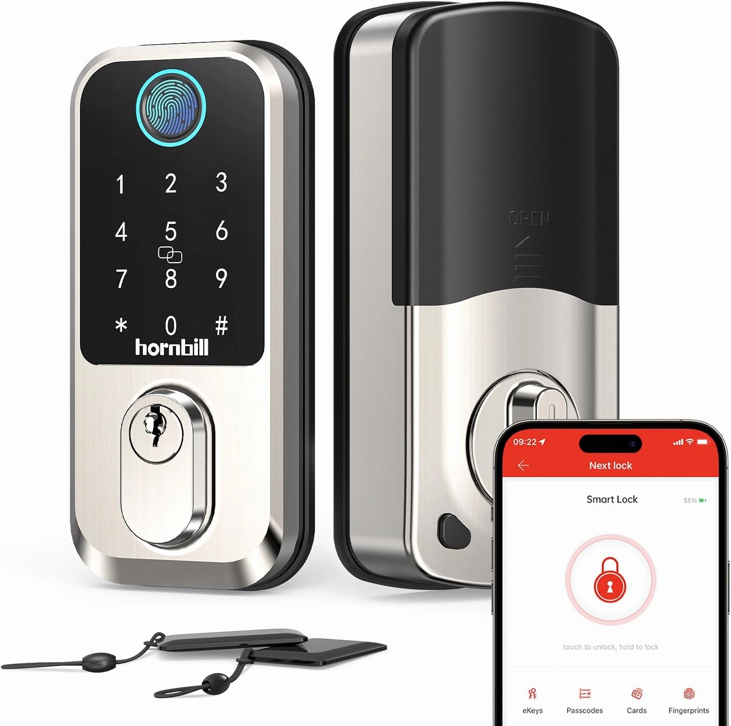 Wi-Fi Smart Deadbolt Keyless Entry: 9-in-1 Hornbill Smart Lock for Front Door, Smart Deadbolt Lock, Electronic Keypad Code Fingerprint Unlock, Works with Alexa for Home Office Hotel, Satin Nickel