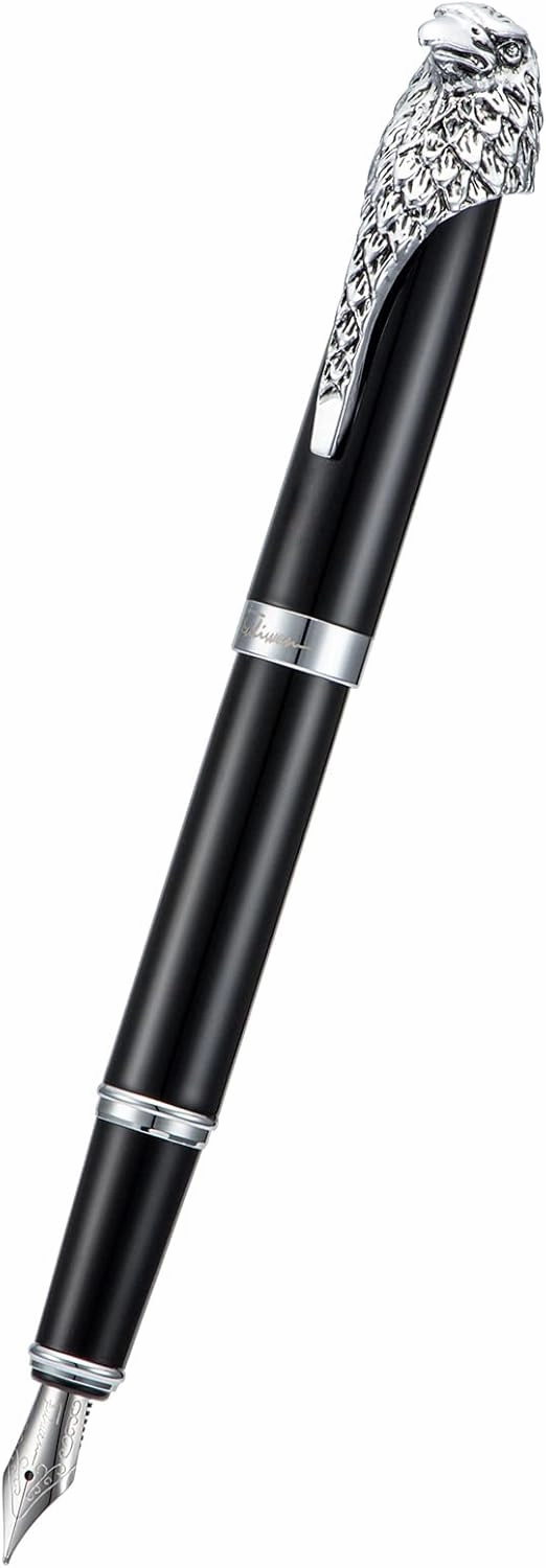 Wikult Personalized Fuliwen Black Fountain Pen, Bald Eagle Head Clip Iridium Fine Nib, Customized Pen Gift Collection with Small Pen Bag, Engraved with Your Name