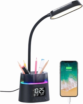 WILIT LED Kids Desk Lamp, Dimmable Study Lamp for Home Office Desk Accessories, with Pen Holder & Clock, USB Charging, RGB Night Light, Bedroom & College Dorm Room Essentials for Girls - Black