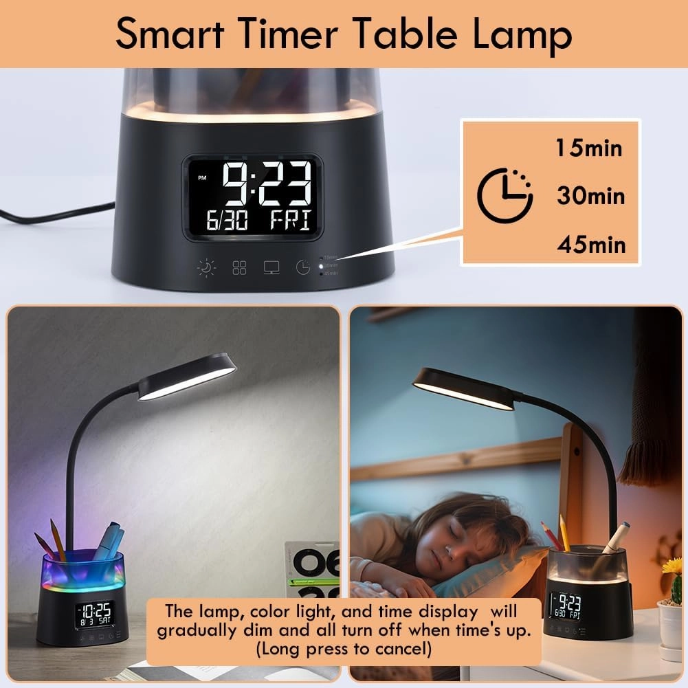 WILIT LED Kids Desk Lamp, Dimmable Study Lamp for Home Office Desk Accessories, with Pen Holder & Clock, USB Charging, RGB Night Light, Bedroom & College Dorm Room Essentials for Girls - Black