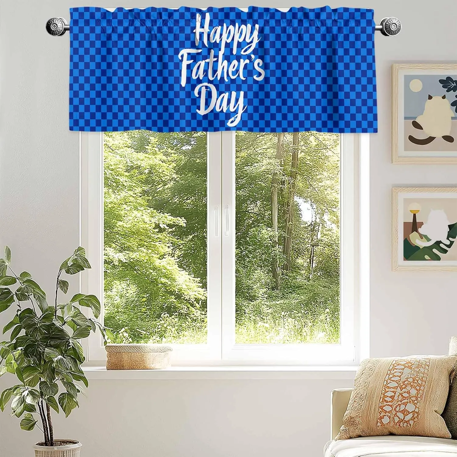 Window Valance Rod Pocket Short Curtains Father's Day on Blue Checkered Plaid Valances for Kitchen, Text Focus Curtain Valance Window Treatment for Bedroom Living Room Bathroom 42"x18"