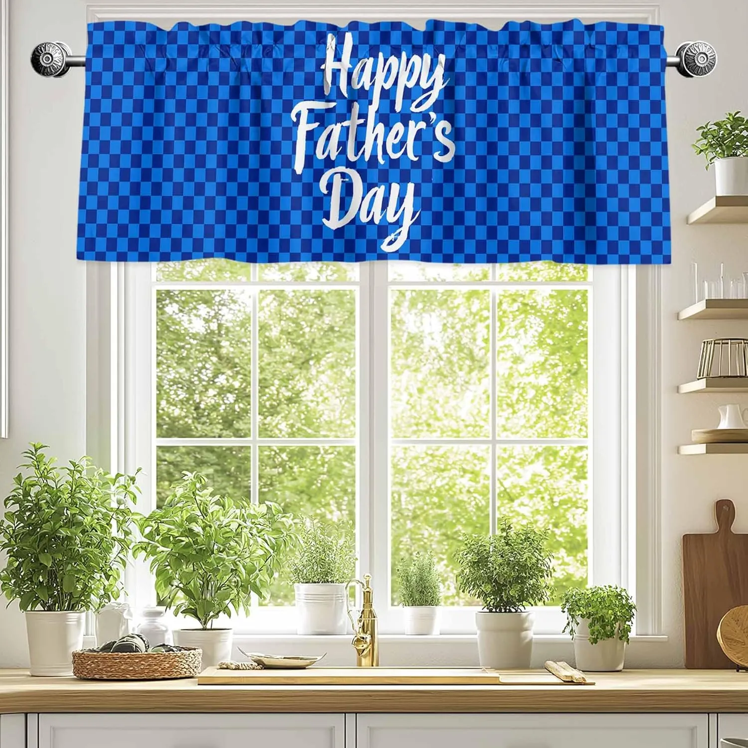 Window Valance Rod Pocket Short Curtains Father's Day on Blue Checkered Plaid Valances for Kitchen, Text Focus Curtain Valance Window Treatment for Bedroom Living Room Bathroom 42"x18"