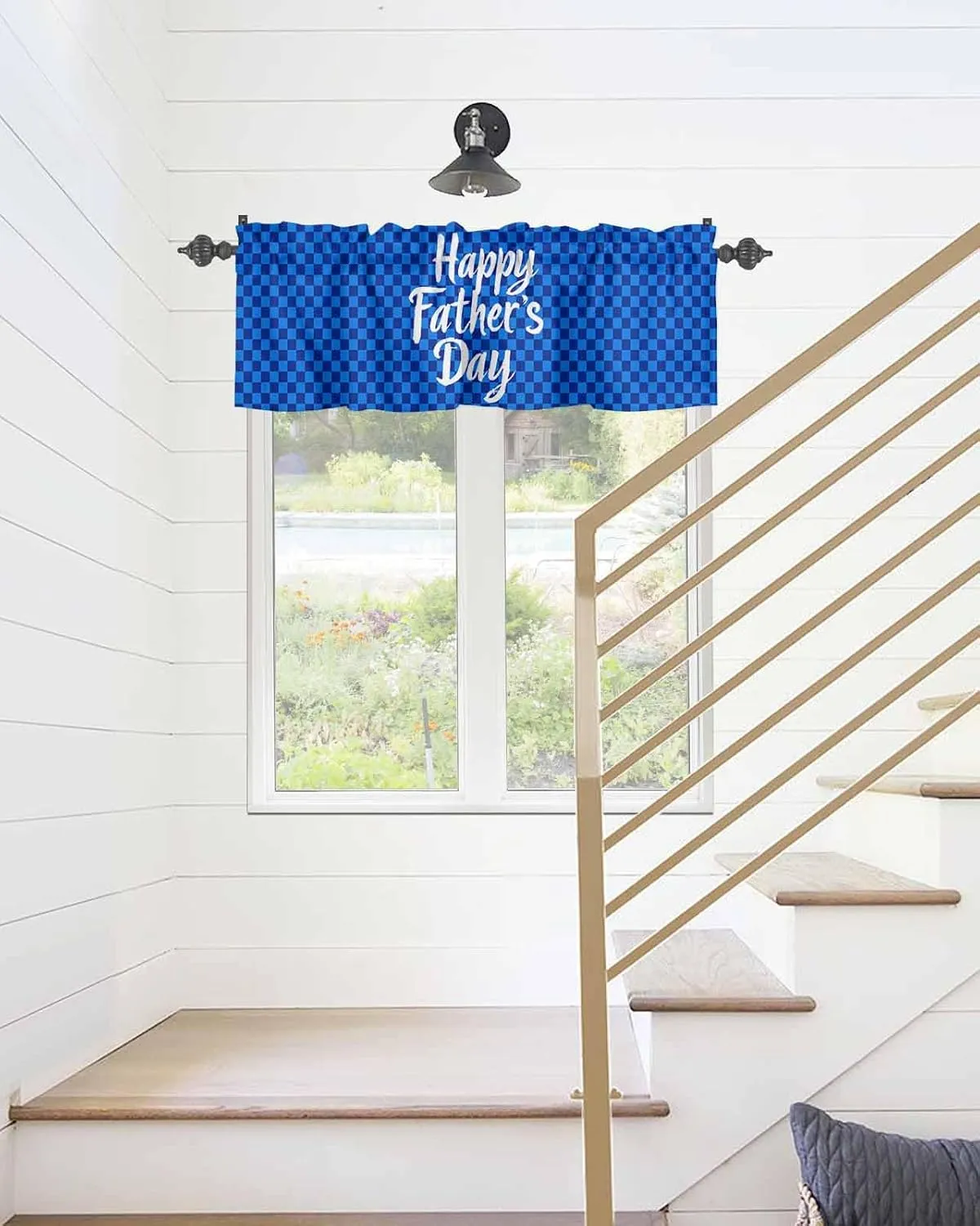 Window Valance Rod Pocket Short Curtains Father's Day on Blue Checkered Plaid Valances for Kitchen, Text Focus Curtain Valance Window Treatment for Bedroom Living Room Bathroom 42"x18"