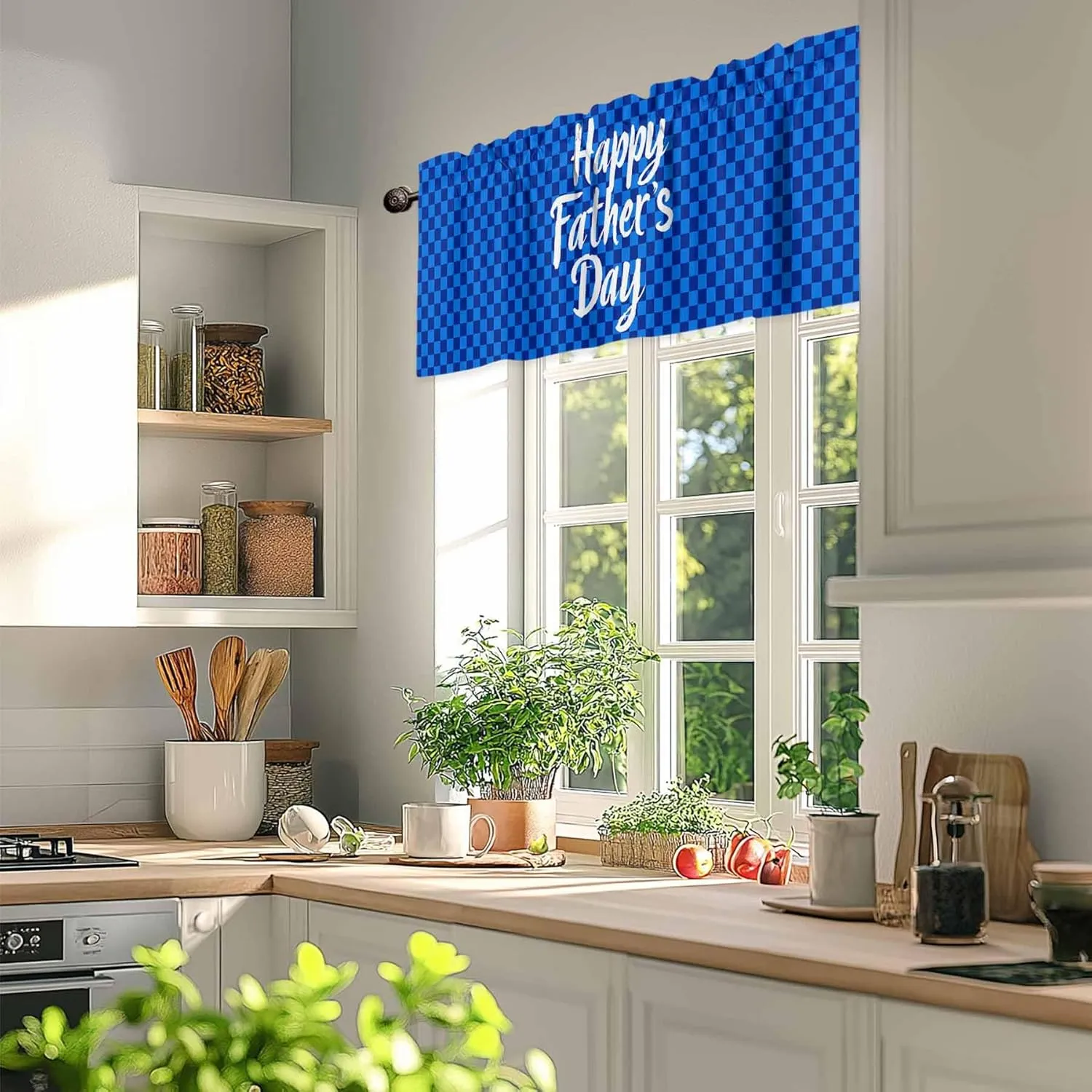 Window Valance Rod Pocket Short Curtains Father's Day on Blue Checkered Plaid Valances for Kitchen, Text Focus Curtain Valance Window Treatment for Bedroom Living Room Bathroom 42"x18"