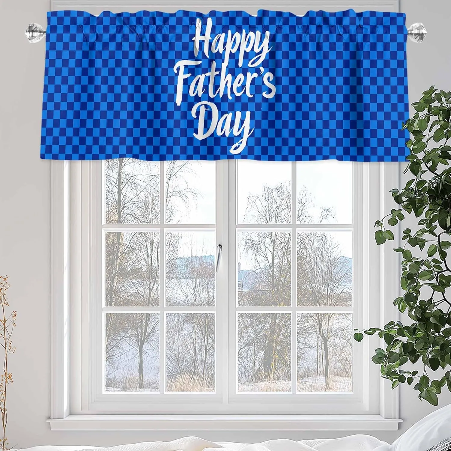Window Valance Rod Pocket Short Curtains Father's Day on Blue Checkered Plaid Valances for Kitchen, Text Focus Curtain Valance Window Treatment for Bedroom Living Room Bathroom 42"x18"