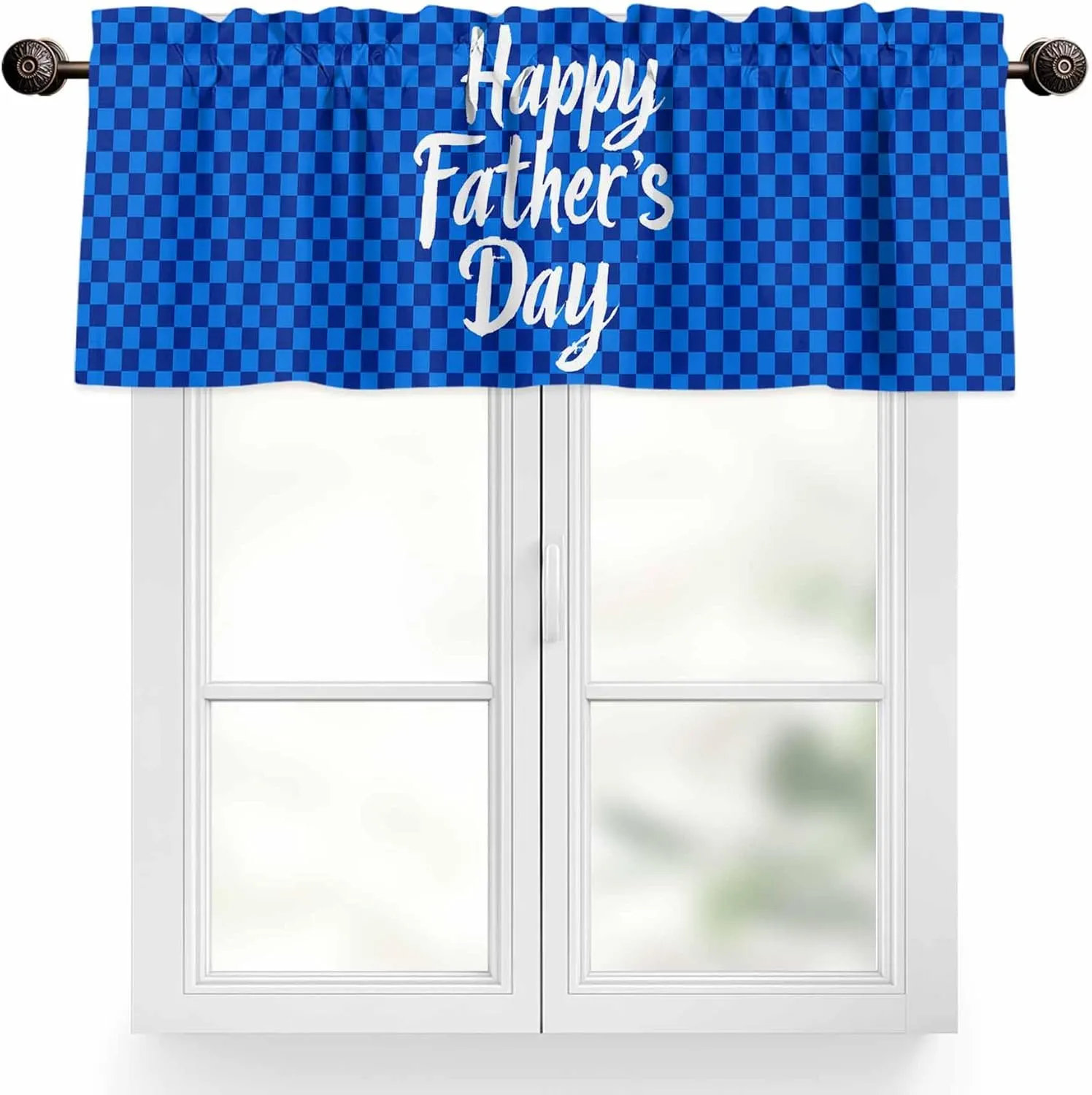 Window Valance Rod Pocket Short Curtains Father's Day on Blue Checkered Plaid Valances for Kitchen, Text Focus Curtain Valance Window Treatment for Bedroom Living Room Bathroom 42"x18"