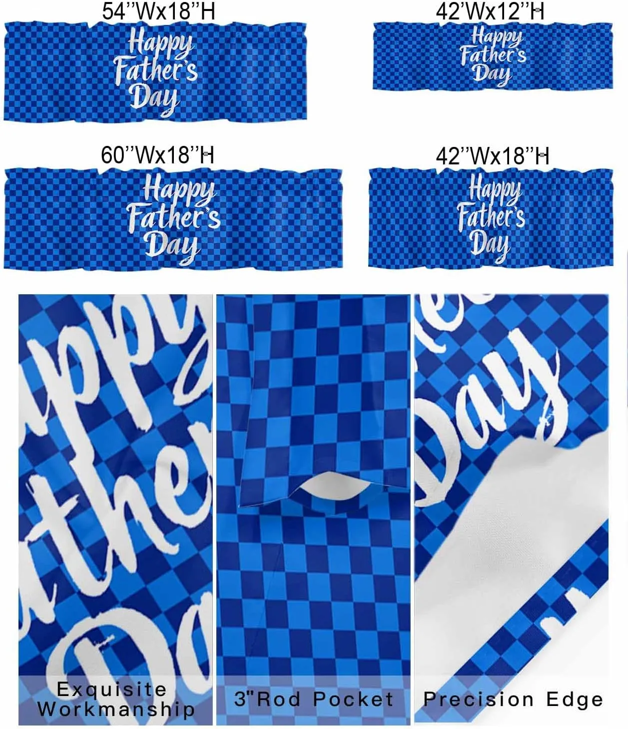 Window Valance Rod Pocket Short Curtains Father's Day on Blue Checkered Plaid Valances for Kitchen, Text Focus Curtain Valance Window Treatment for Bedroom Living Room Bathroom 42"x18"