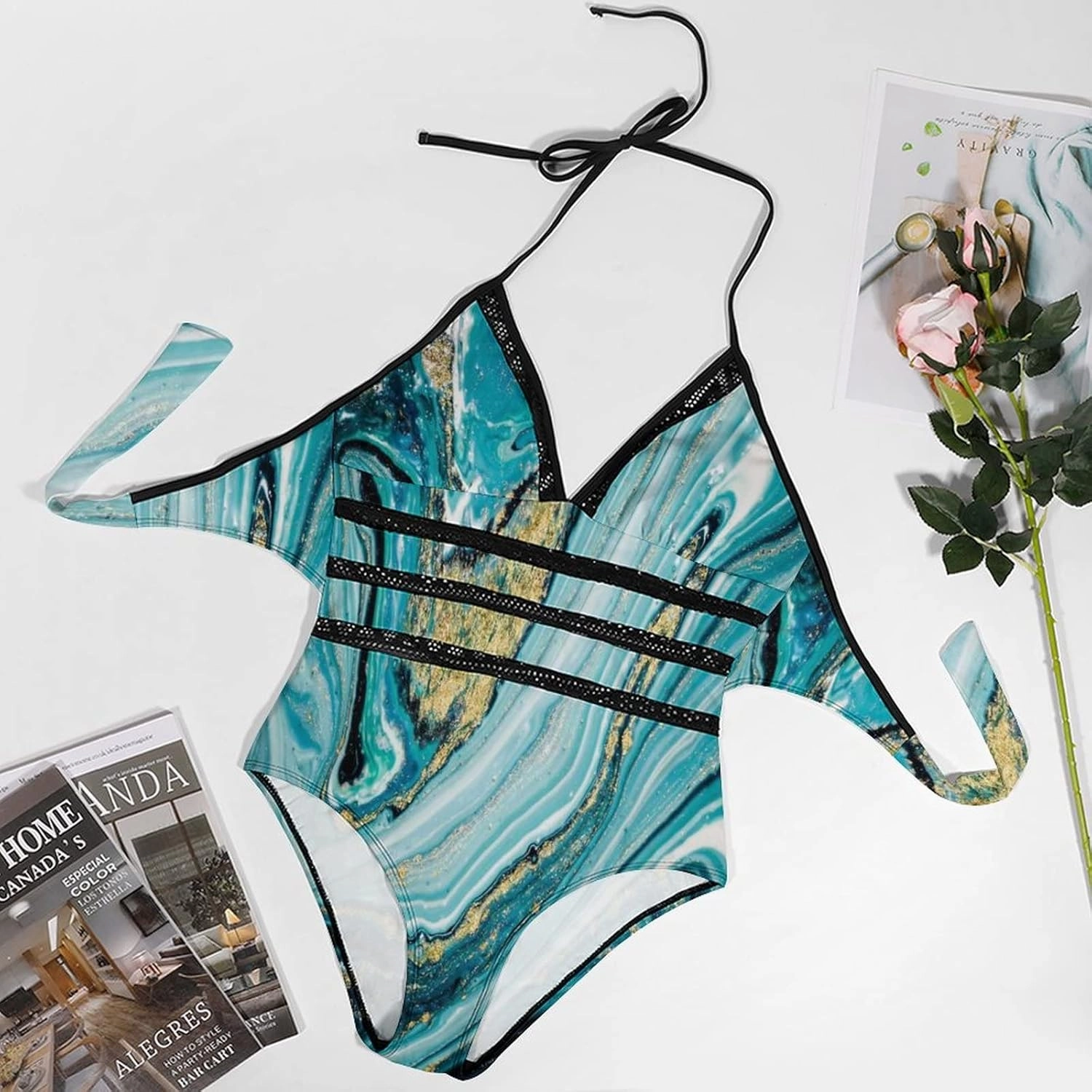 Women One-Piece Halter Bikini Padded Swimwear Tie Side Triangle Bathing Suit