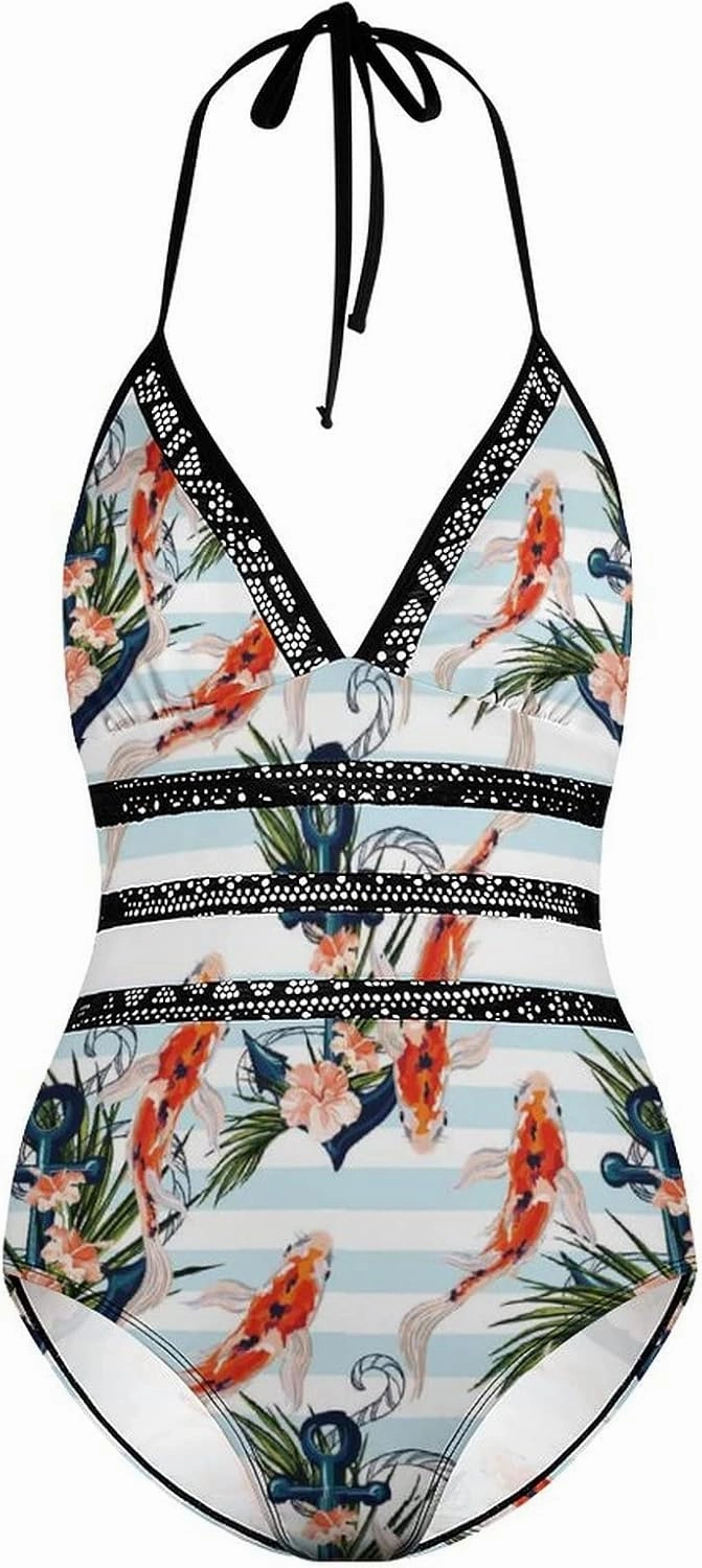 Women One-Piece Halter Bikini Padded Swimwear Tie Side Triangle Bathing Suit