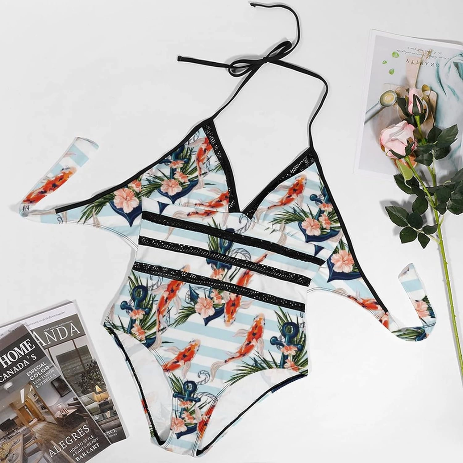 Women One-Piece Halter Bikini Padded Swimwear Tie Side Triangle Bathing Suit