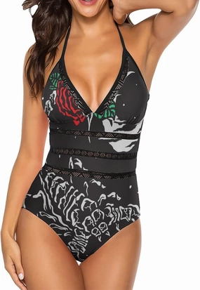 Women One-Piece Halter Bikini Padded Swimwear Tie Side Triangle Bathing Suit