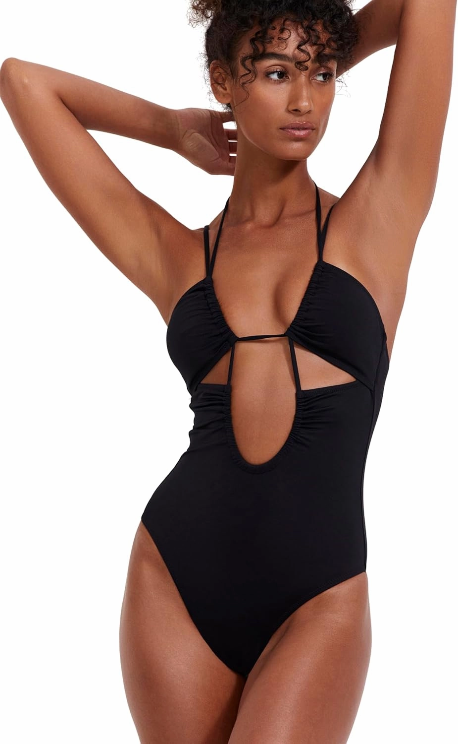 Women’s Black Deep Plunge Cut Out One-Piece Elegant Swimsuit with U Back and Halter Design Swim Essential