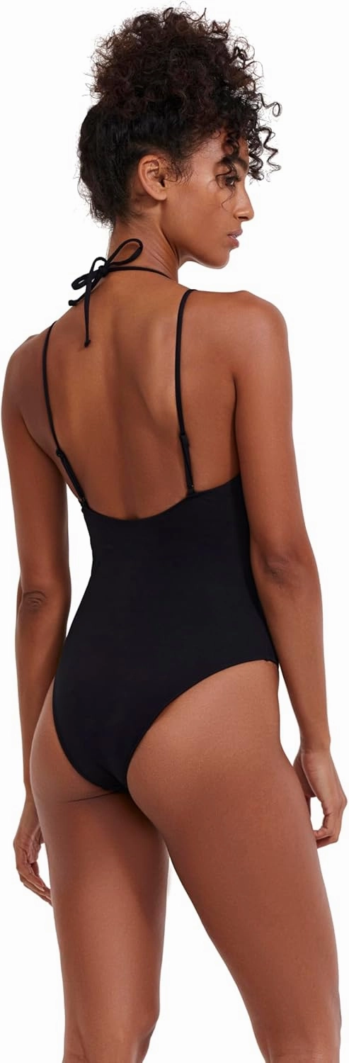 Women’s Black Deep Plunge Cut Out One-Piece Elegant Swimsuit with U Back and Halter Design Swim Essential
