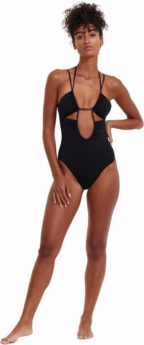 Women’s Black Deep Plunge Cut Out One-Piece Elegant Swimsuit with U Back and Halter Design Swim Essential