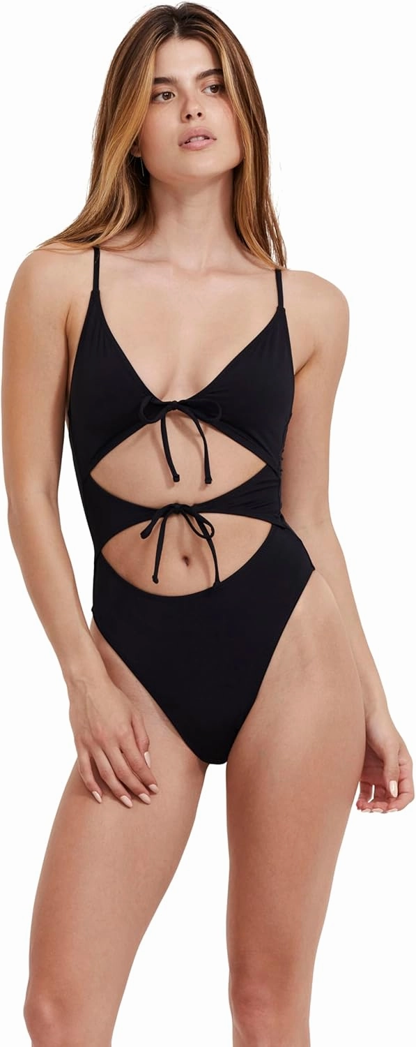 Women’s Black Double Cut Out One-Piece Elegant Swimsuit with U Back and Removable Soft Cups Swim Essential