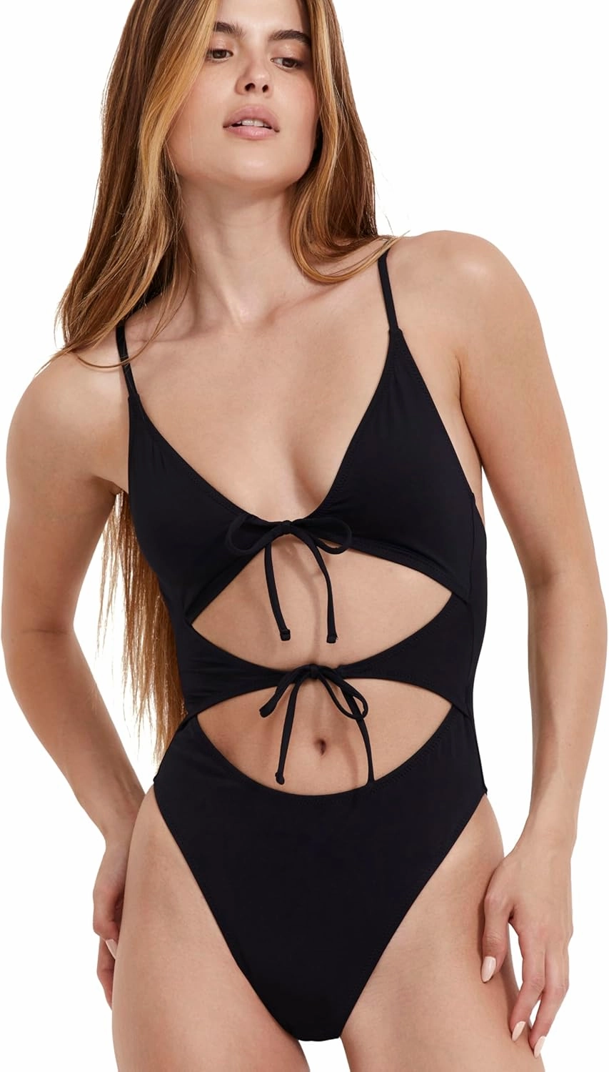 Women’s Black Double Cut Out One-Piece Elegant Swimsuit with U Back and Removable Soft Cups Swim Essential