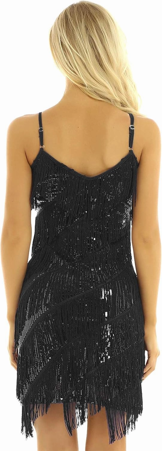 Women's Shiny Sequins Tassel Dance Dress Latin Samba Rumba Tango Dance Performance Costume Flapper Party Dress