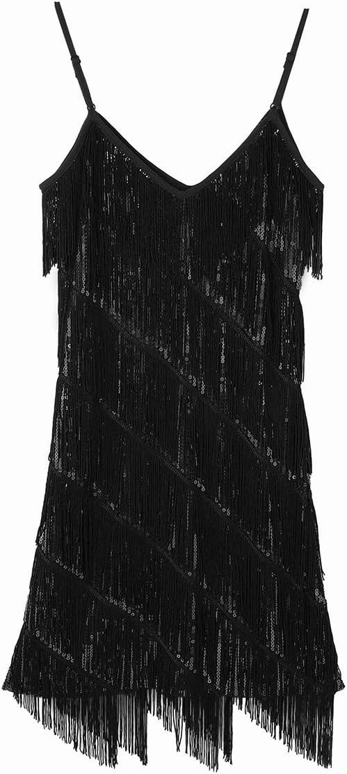 Women's Shiny Sequins Tassel Dance Dress Latin Samba Rumba Tango Dance Performance Costume Flapper Party Dress