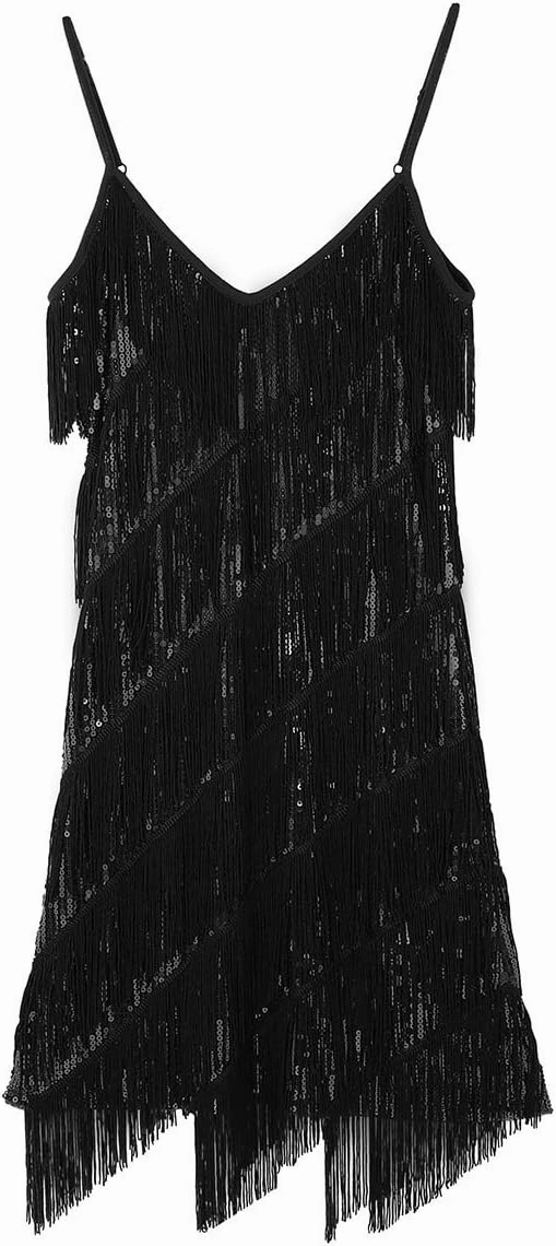 Women's Shiny Sequins Tassel Dance Dress Latin Samba Rumba Tango Dance Performance Costume Flapper Party Dress