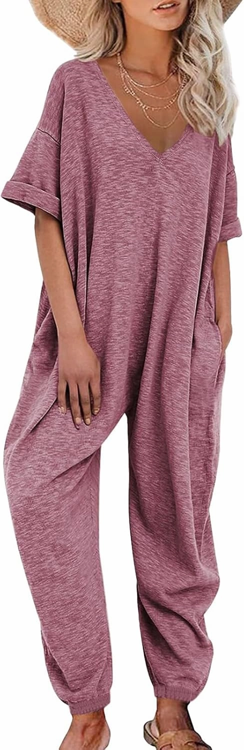 Women's Solid Color V Neck Jumpsuits Casual Half Sleeve Long Rompers Beam Foot Baggy Overalls