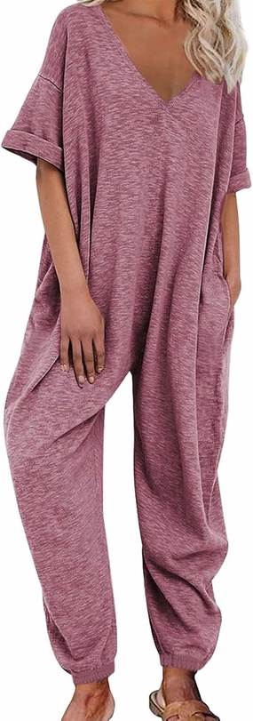 Women's Solid Color V Neck Jumpsuits Casual Half Sleeve Long Rompers Beam Foot Baggy Overalls