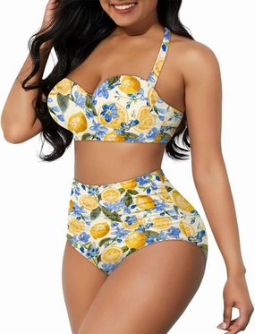 Women's Two Piece Swimsuit Push Up Bikini Sets Tummy Control Bathing Beach Suits High Cut Ruched Ruffle for Women