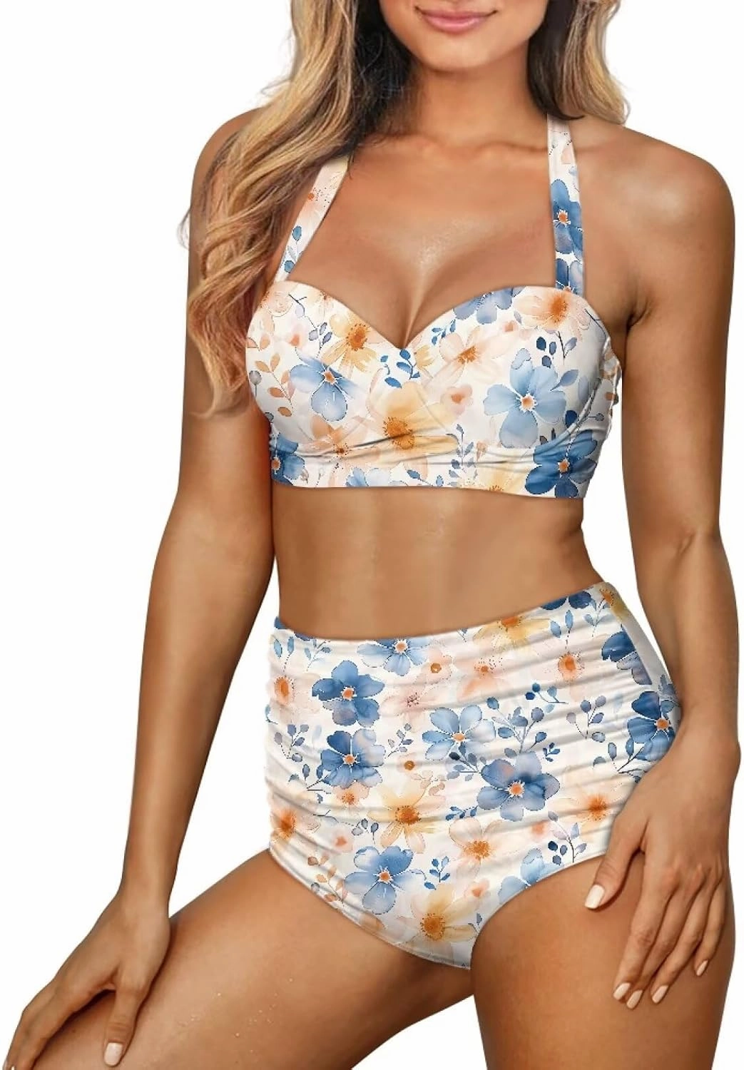 Women's Two Piece Swimsuit Sexy Tummy Control Bikini Sets High Waist Bathing Suits Ruched Ruffle Push Up for Women