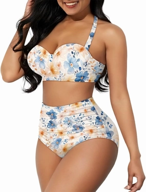 Women's Two Piece Swimsuit Sexy Tummy Control Bikini Sets High Waist Bathing Suits Ruched Ruffle Push Up for Women
