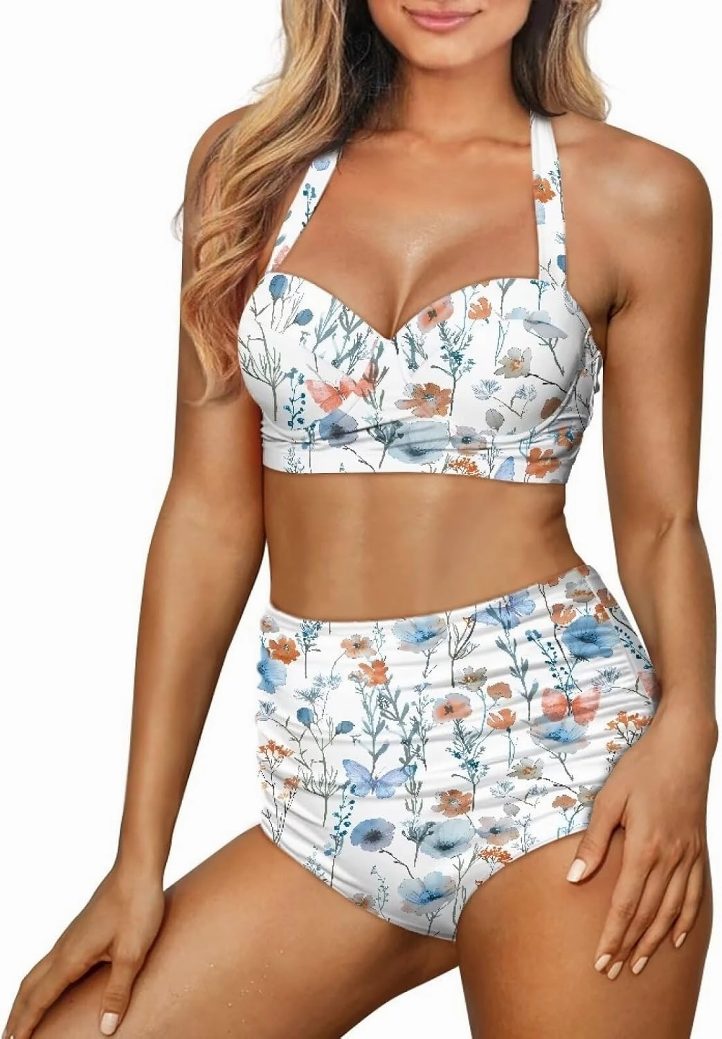 Women's Two Piece Swimsuit Sexy Tummy Control Bikini Sets High Waist Bathing Suits Ruched Ruffle Push Up for Women