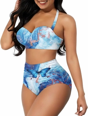 Women's Two Piece Swimsuits Sexy Tummy Control Bikini Sets High Waist Bathing Suits Ruched Ruffle Push Up for Women