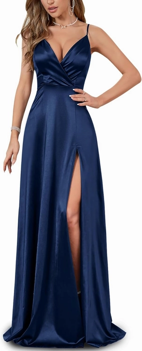 Women's Vintage 1950's Surplice V Neck Split Thigh Evening Party Formal Dress