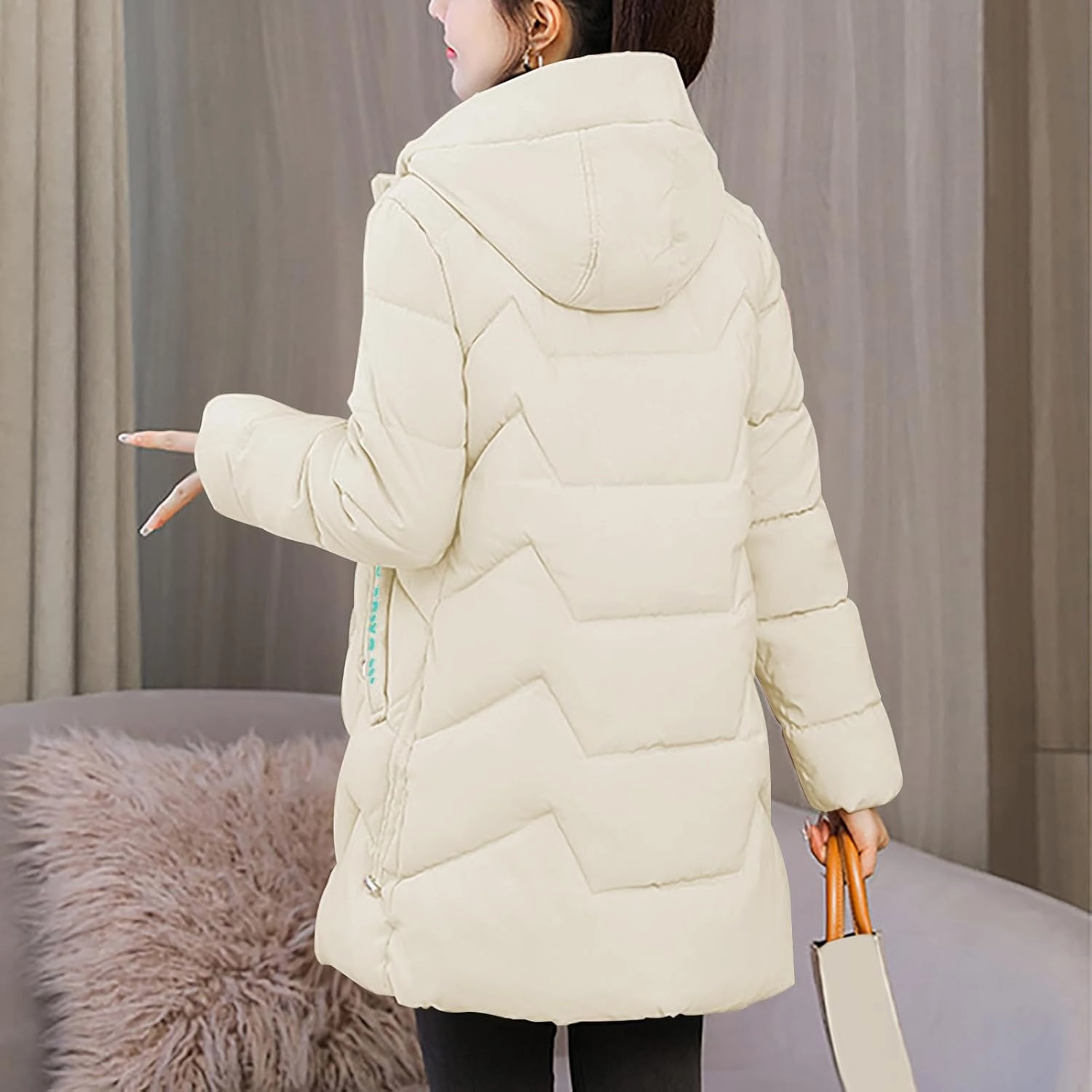 Women's Winter Jacket Mid-Length Long Sleeve Thickened Winter Coats Warm Casual Puffer Jacket with Pockets