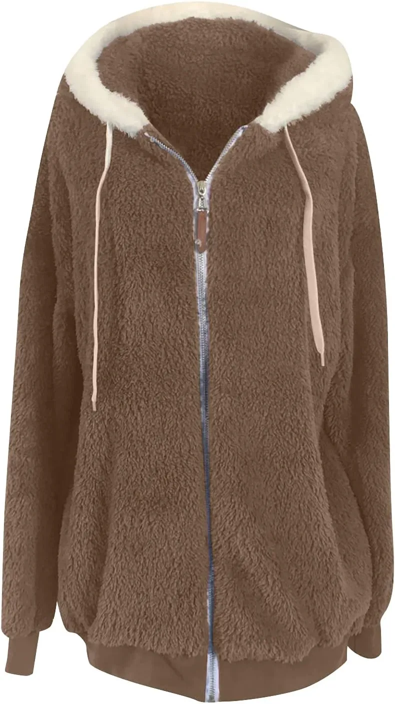 Women's Contrasting Lamb Wool Padded Coat Trendy Faux Shearling Coat Warm Hooded Zip Up Fuzzy Winter Jacket with Pockets