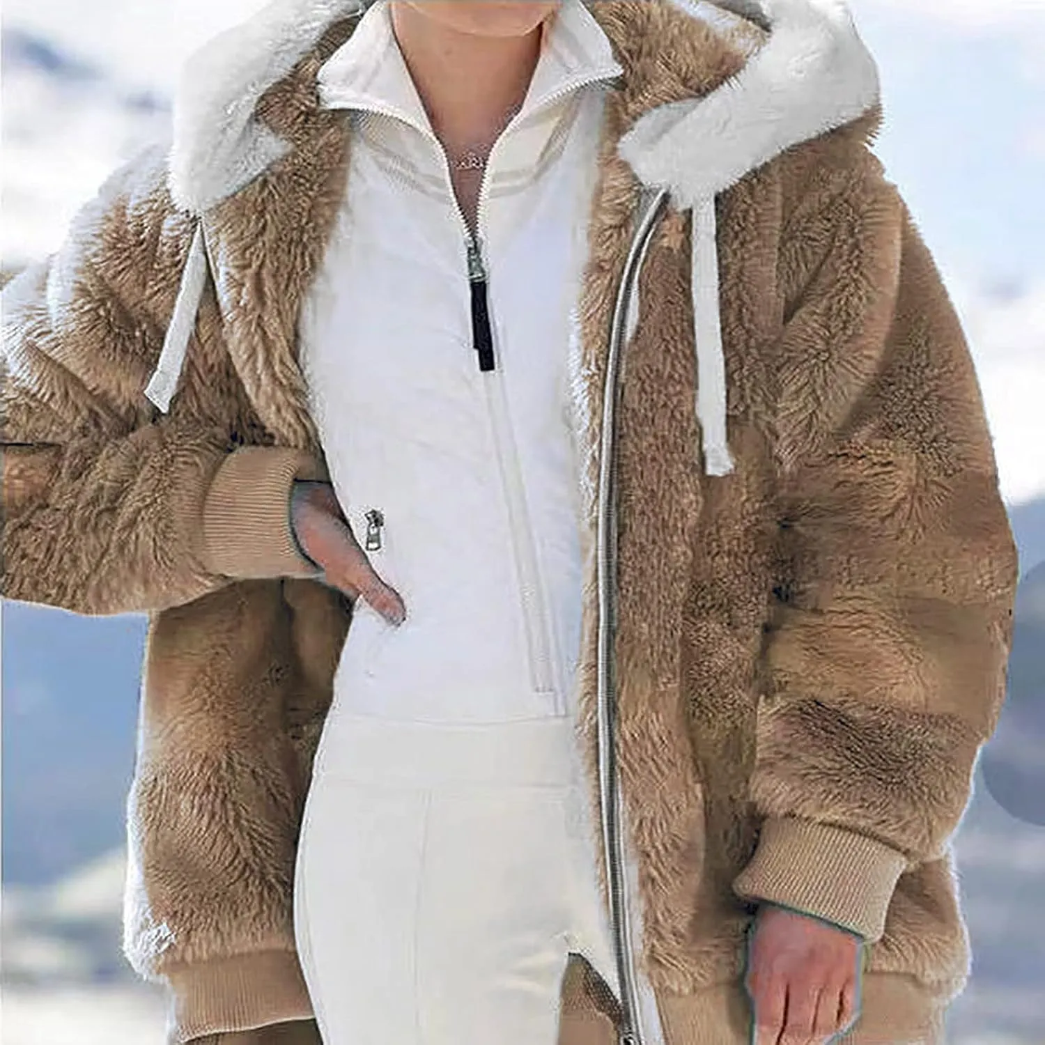 Women's Contrasting Lamb Wool Padded Coat Trendy Faux Shearling Coat Warm Hooded Zip Up Fuzzy Winter Jacket with Pockets