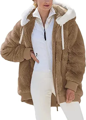 Women's Contrasting Lamb Wool Padded Coat Trendy Faux Shearling Coat Warm Hooded Zip Up Fuzzy Winter Jacket with Pockets