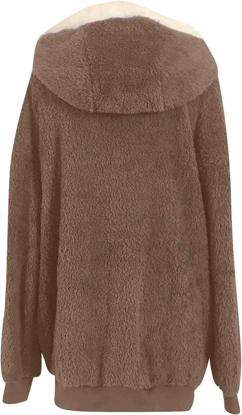 Women's Contrasting Lamb Wool Padded Coat Trendy Faux Shearling Coat Warm Hooded Zip Up Fuzzy Winter Jacket with Pockets